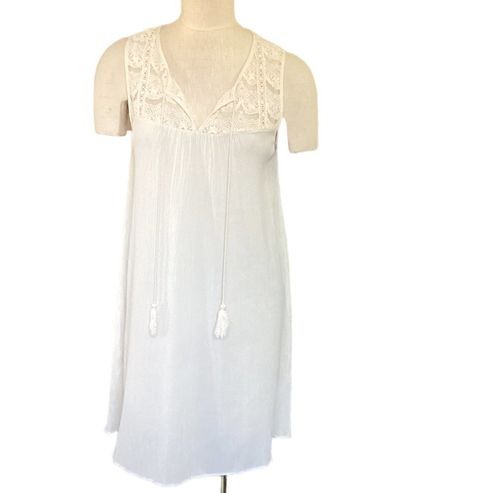 KORI America Gauze and Lace BOHO‎ Cream Shift Dress Tassel Tie Sz L 148F